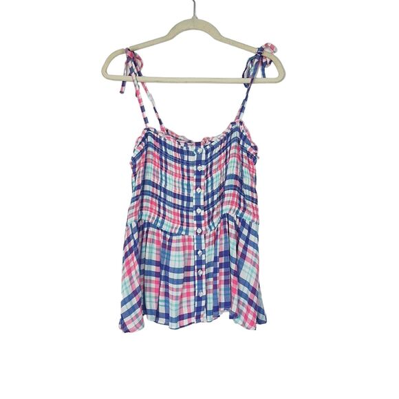 Torrid Blue Check Peplum Smocked Bodice Cami Tie Straps Women's Size Large 14 - Picture 2 of 7